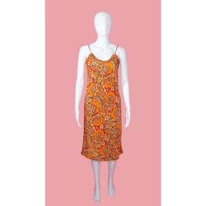 1990s-Y2K LUCE PAISLEY Floral Print Crimped Ruffle Neckline SLIP Dress. S-M